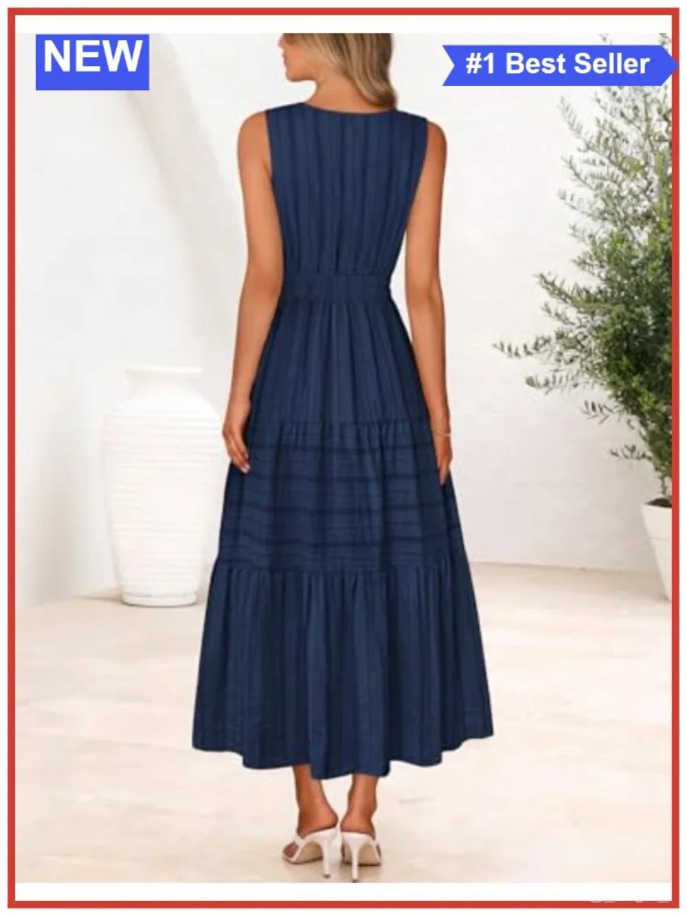 Sleeveless V Neck Tiered Midi Dress Cotton Blend Flowy Side Pockets